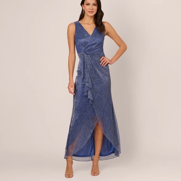 Adrianna Papell Metallic Mesh Faux Wrap Gown With Ruffle Accents In Light Navy - Picture 1 of 5